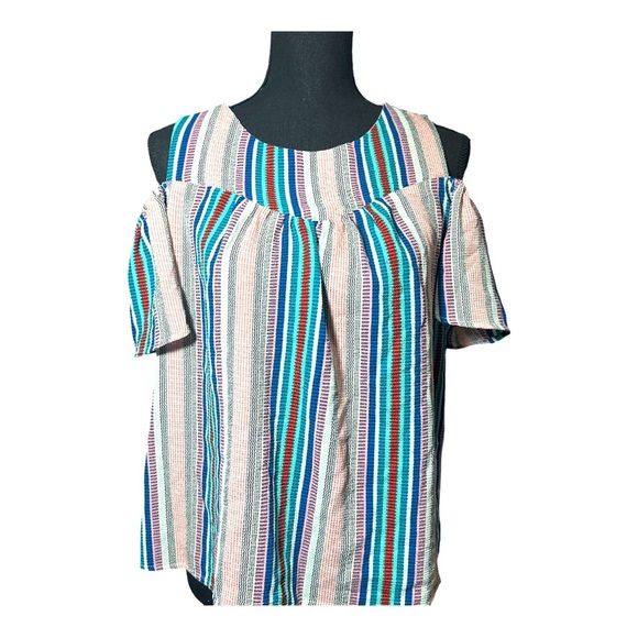 Monteau Open Shoulder Cream Multicolor Striped Baby Doll Top Size Large - Picture 5 of 6